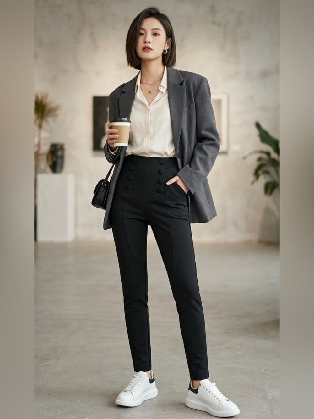 Zara Black High-Waist Skinny Pants with Button Detail and Zipper Ankles